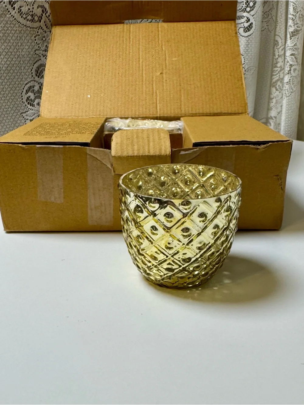 Hosley Set of 6 Antique Gold Mercury Glass, Votive Candle Holders, Mini Pots